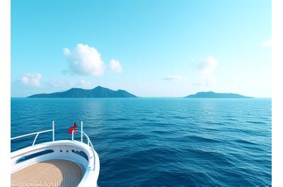 View from a yacht of pristine blue ocean and distant islands